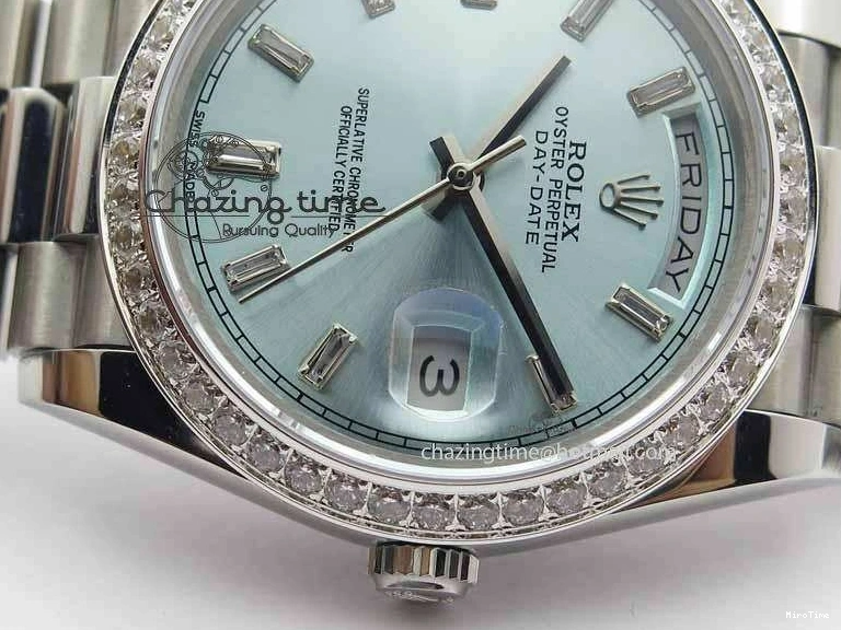 MiroTime 1218 Stylish Day Date 40mm SS BP Maker Best Edition Diamond Bezel Ice Blue Dial On SS Bracelet ETA 3699